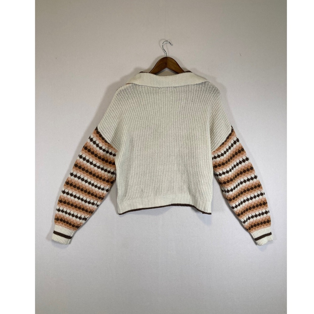 Retro Boho Freshman 1996 Womens Large Brown Striped Collared V-Neck Knit Sweater - Picture 2 of 10